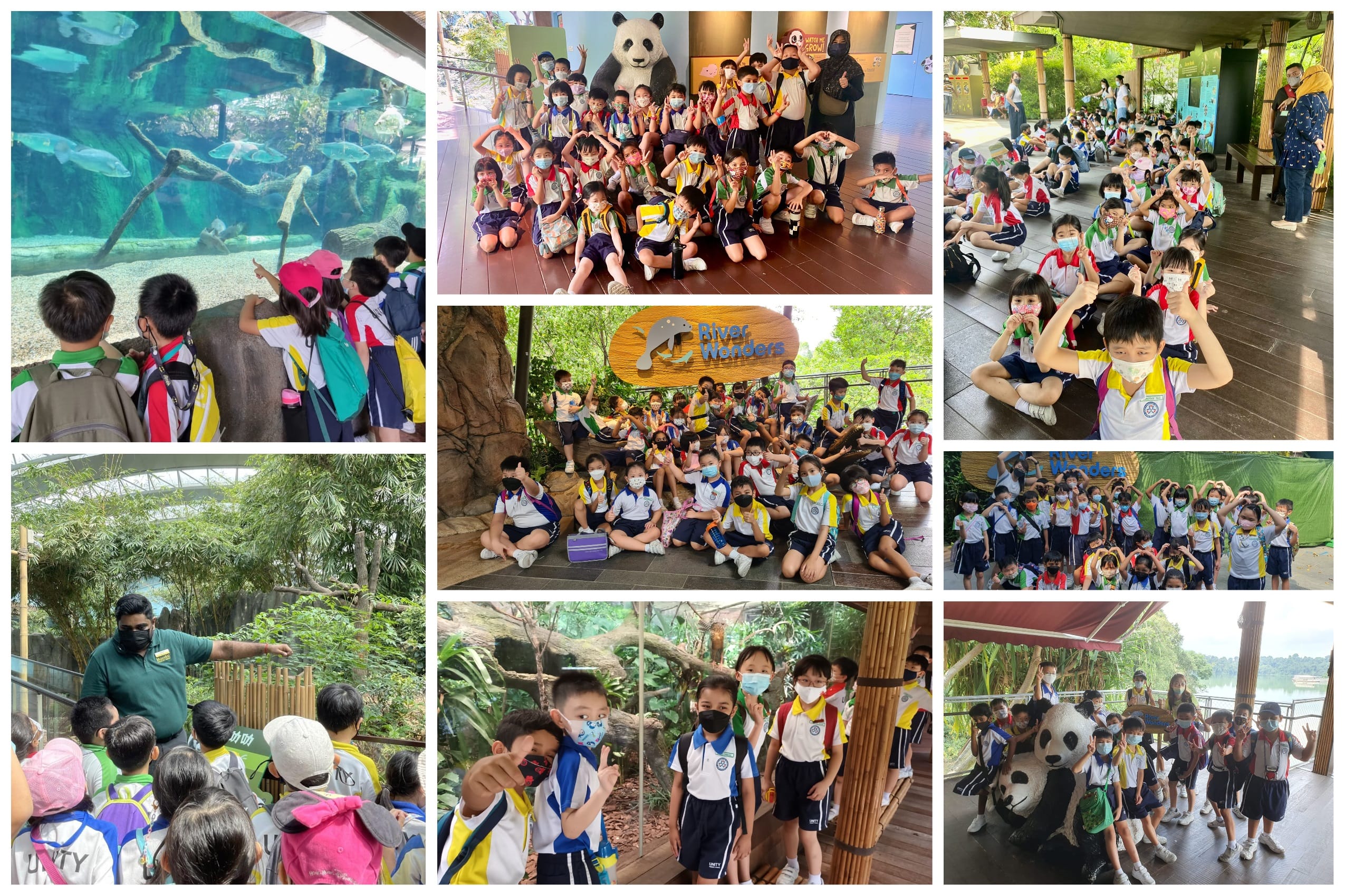 Young students in uniforms and masks on a school field trip at River Wonders, posing by a panda exhibit and aquarium.